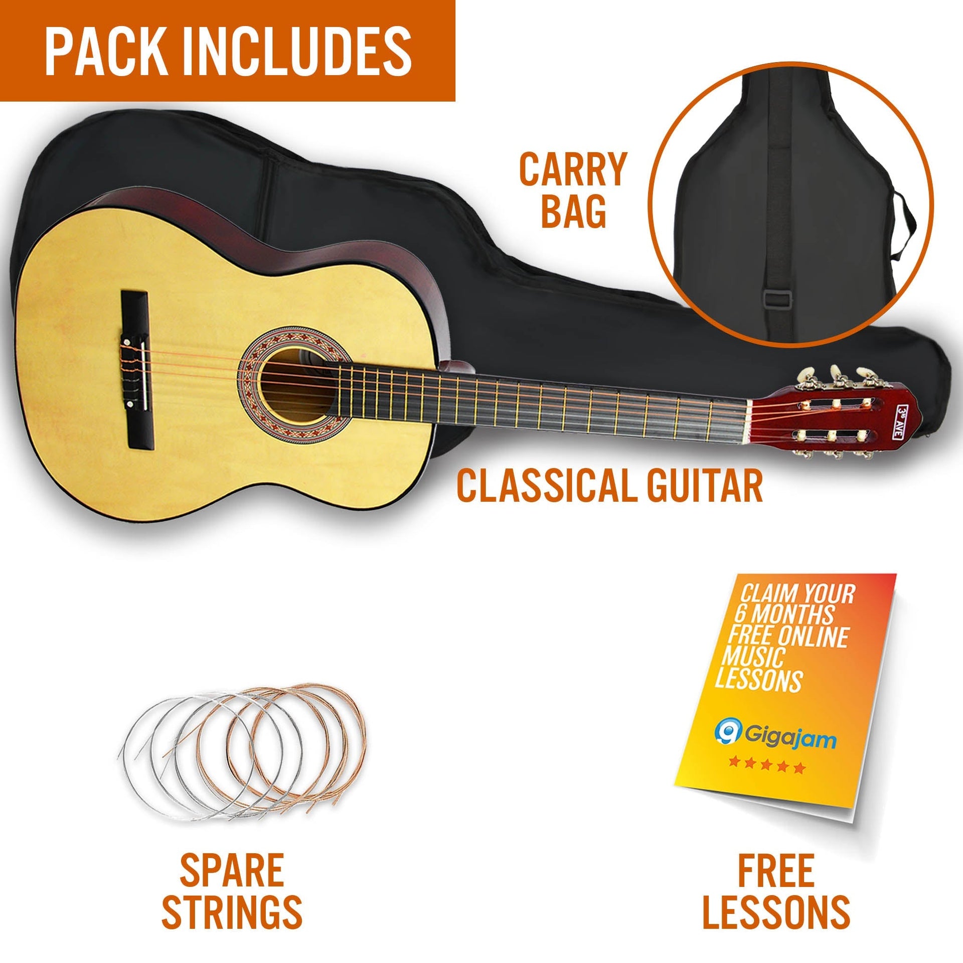 3rd Avenue Full Size Classical Guitar Pack - Natural Does not apply