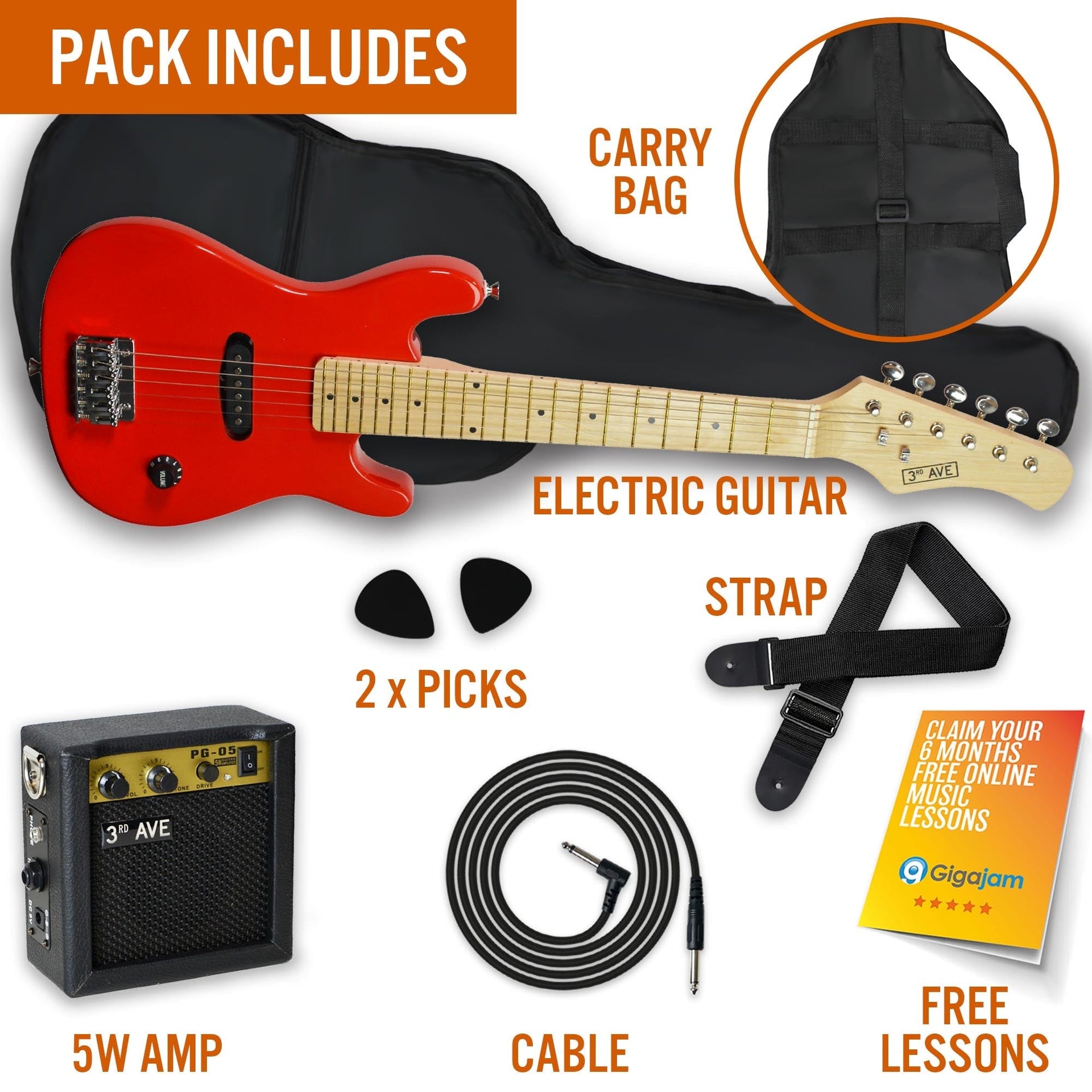 3rd Avenue Junior Electric Guitar Pack - Red Does not apply