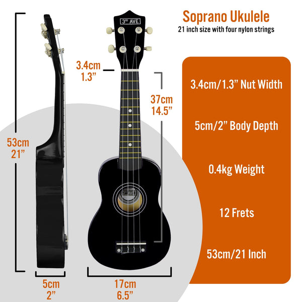 3rd Avenue Soprano Ukulele - Black Does not apply