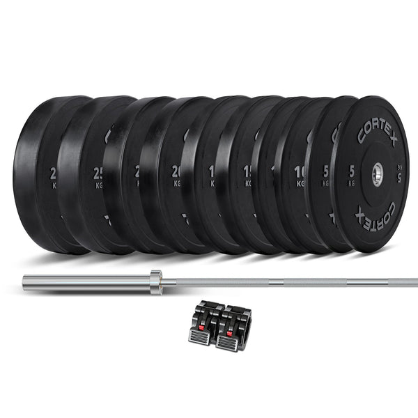 CORTEX 170kg Black Series V2 Rubber Olympic Bumper Plate Set 50mm with SPARTAN205 Barbell Cortex