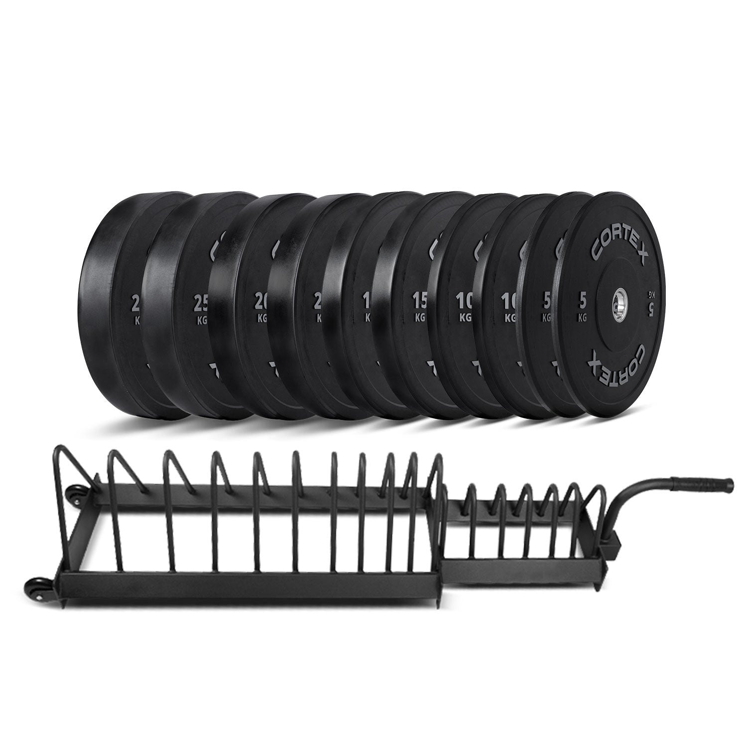 CORTEX 150kg Black Series V2 Rubber Olympic Bumper Plate Set 50mm with 16 Plate Toaster Rack Cortex