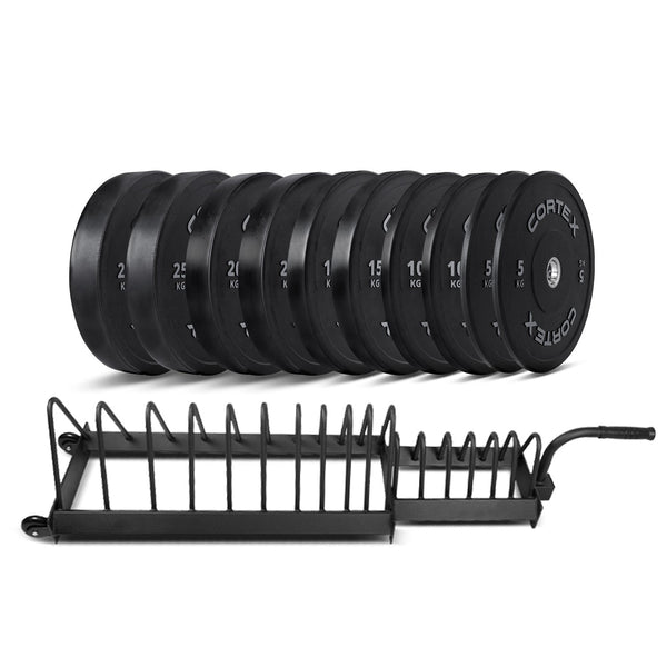 CORTEX 150kg Black Series V2 Rubber Olympic Bumper Plate Set 50mm with 16 Plate Toaster Rack Cortex