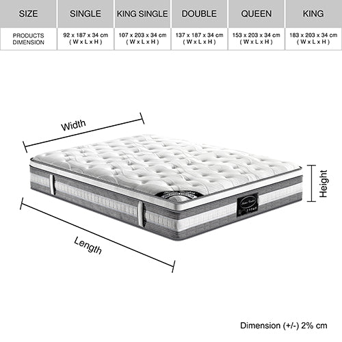 Mattress Euro Top King Single Size Pocket Spring Coil with Knitted Fabric Medium Firm 34cm Thick Eurotop