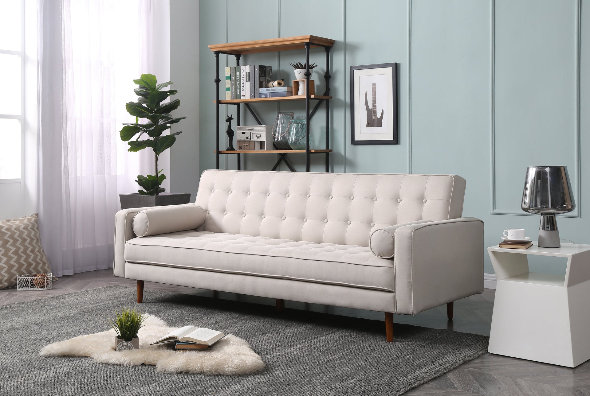 Sofa Bed 3 Seater Button Tufted Lounge Set for Living Room Couch in Fabric Beige Colour Does not apply
