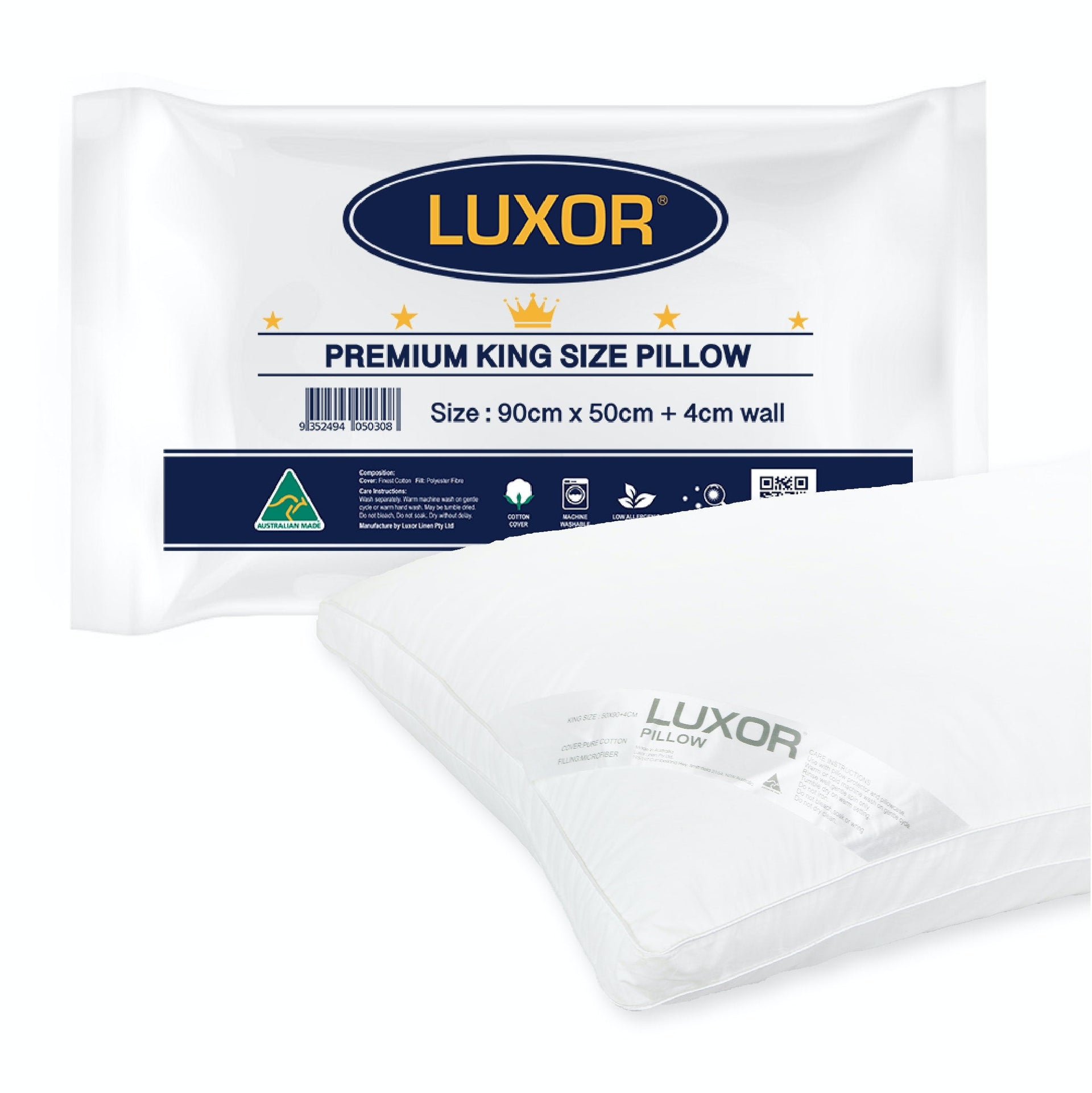 Luxor Australian Made Hotel King Size Pillow with 4cm Wall Single Pack Luxor
