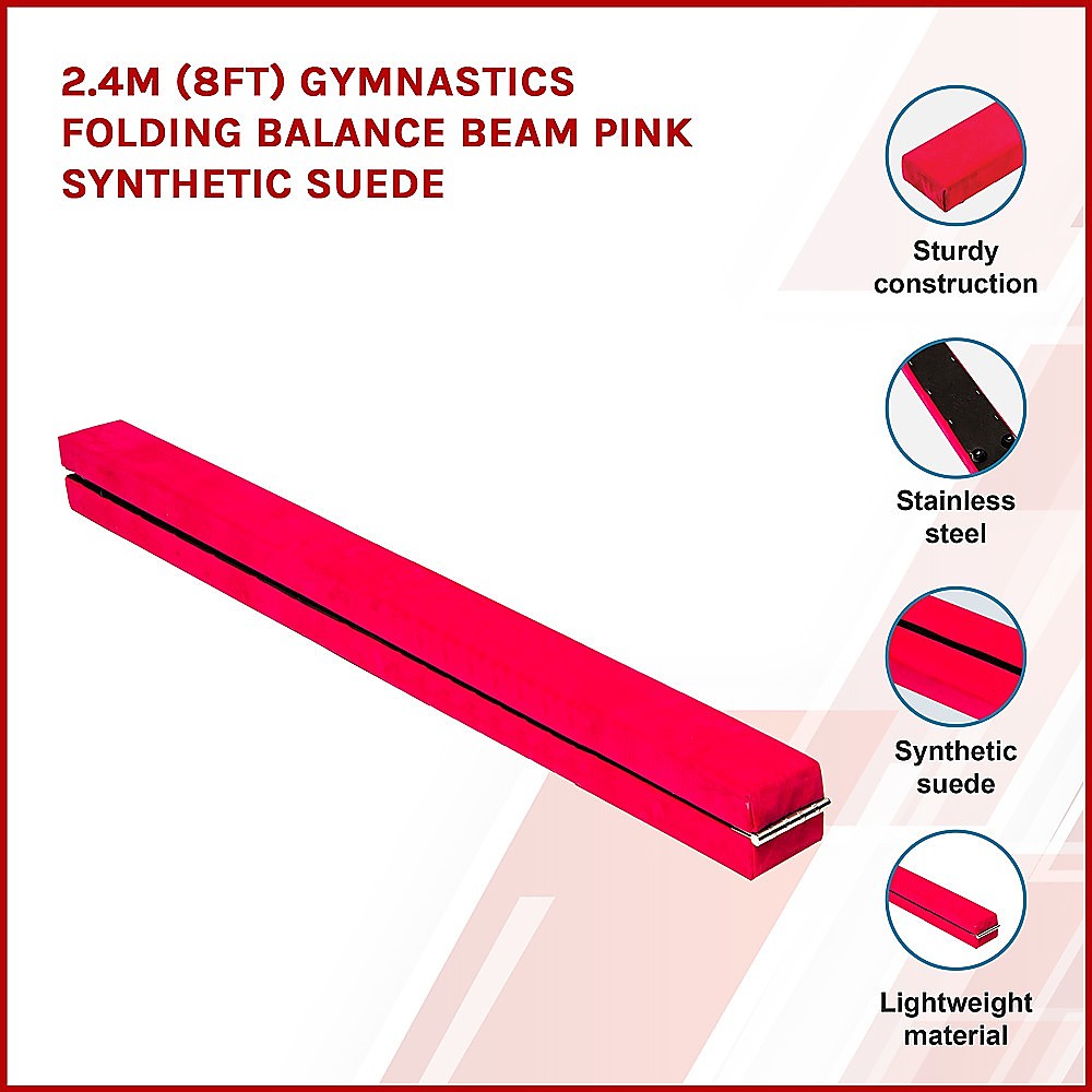 2.4m (8FT) Gymnastics Folding Balance Beam Pink Synthetic Suede Does not apply
