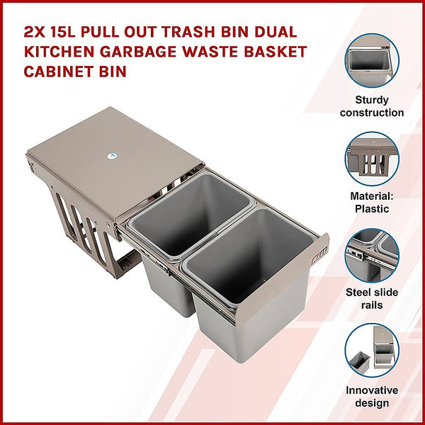 2x 15L Pull Out Trash Bin Dual Kitchen Garbage Waste Basket Cabinet Bin Does not apply