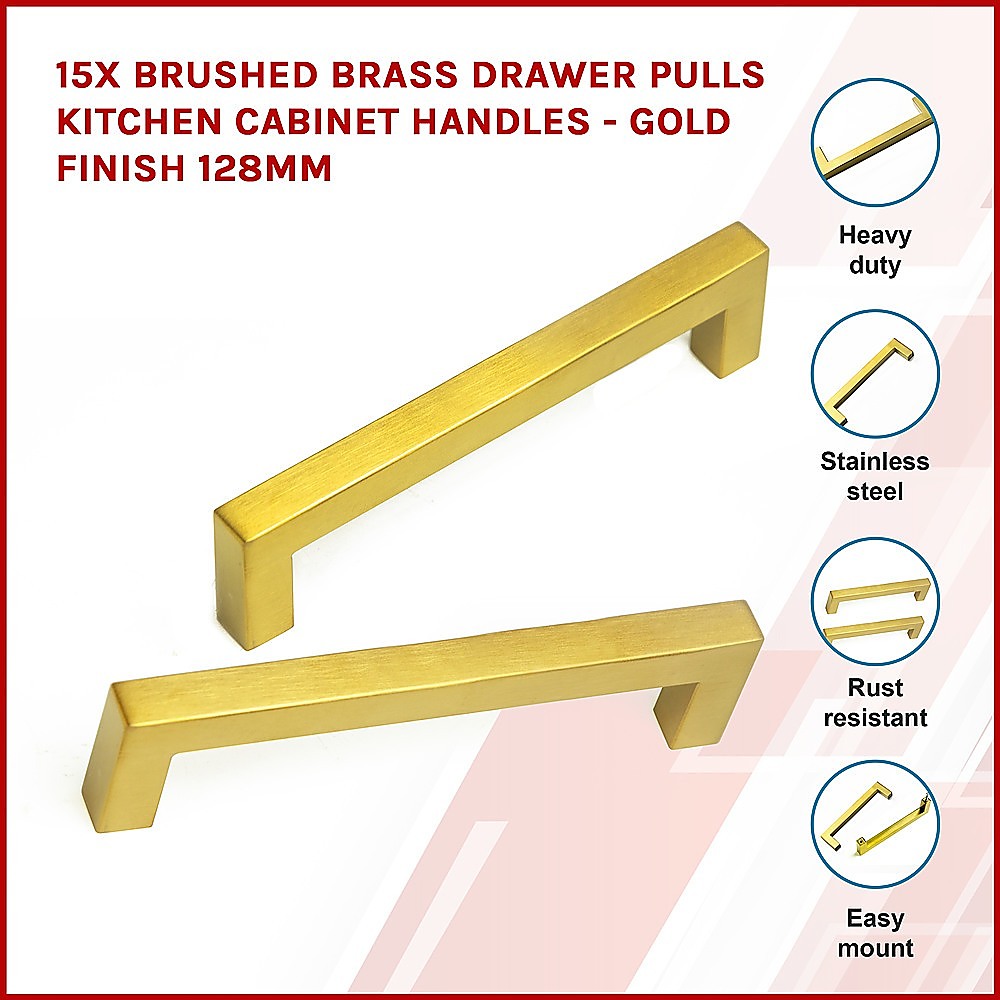 15x Brushed Brass Drawer Pulls Kitchen Cabinet Handles - Gold Finish 128mm Does not apply