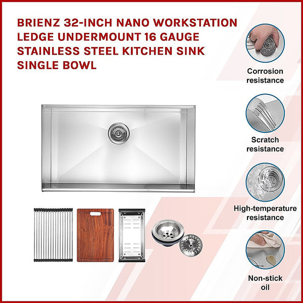 BRIENZ 32-inch Nano Workstation Ledge Undermount 16 Gauge Stainless Steel Kitchen Sink Single Bowl Does not apply