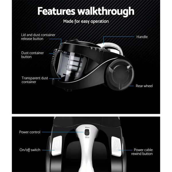 Devanti Vacuum Cleaner Bagless Cyclone Cyclonic Vac Home Office Car 2200W Black freeshipping - Awezingly