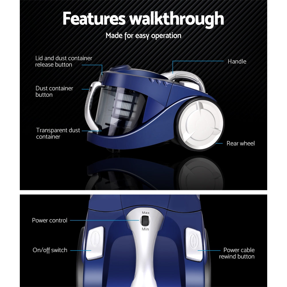 Devanti Vacuum Cleaner Bagless Cyclone Cyclonic Vac Home Office Car 2200W Blue freeshipping - Awezingly