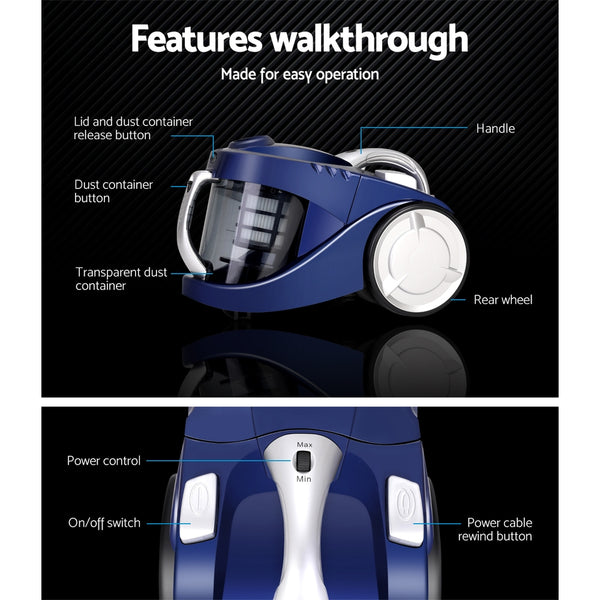 Devanti Vacuum Cleaner Bagless Cyclone Cyclonic Vac Home Office Car 2200W Blue freeshipping - Awezingly