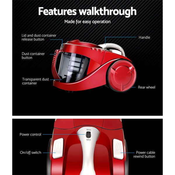 Devanti Bagless Vacuum Cleaner Cleaners Cyclone Cyclonic Vac HEPA Filter Car Home Office 2200W Red freeshipping - Awezingly