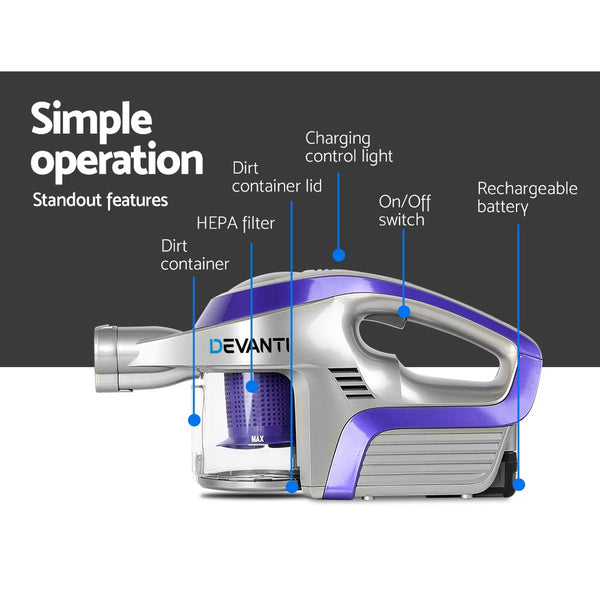 Devanti Cordless 150W Handstick Vacuum Cleaner - Purple and Grey freeshipping - Awezingly