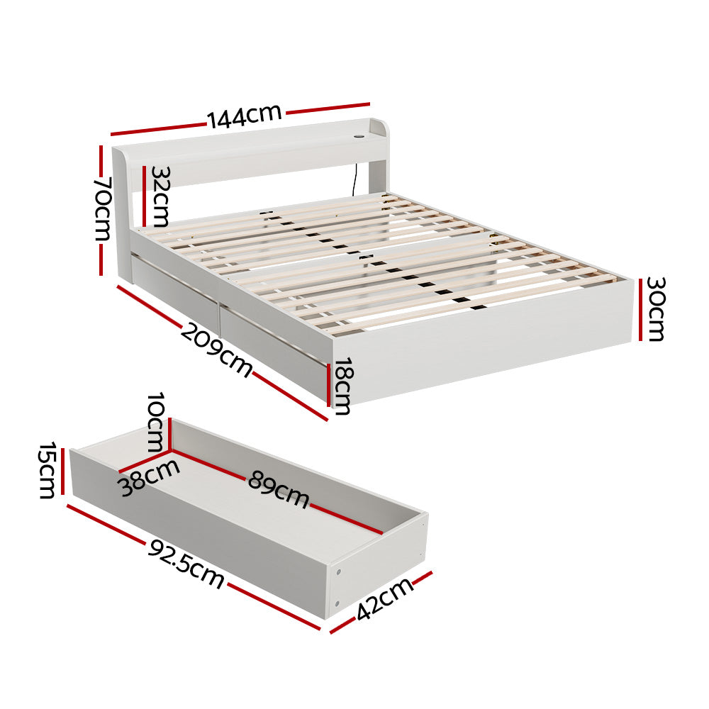 Artiss Bed Frame Double Size Mattress Base wtih Charging Ports 2 Storage Drawers Artiss