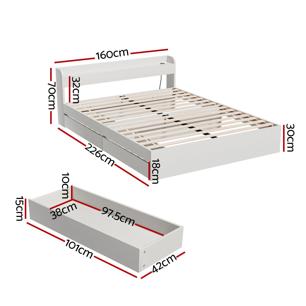Artiss Bed Frame Queen Size Mattress Base wtih Charging Ports 2 Storage Drawers Artiss