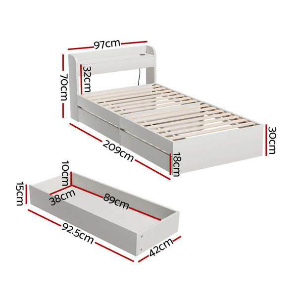 Artiss Bed Frame Single Size Mattress Base wtih Charging Ports 2 Storage Drawers Artiss