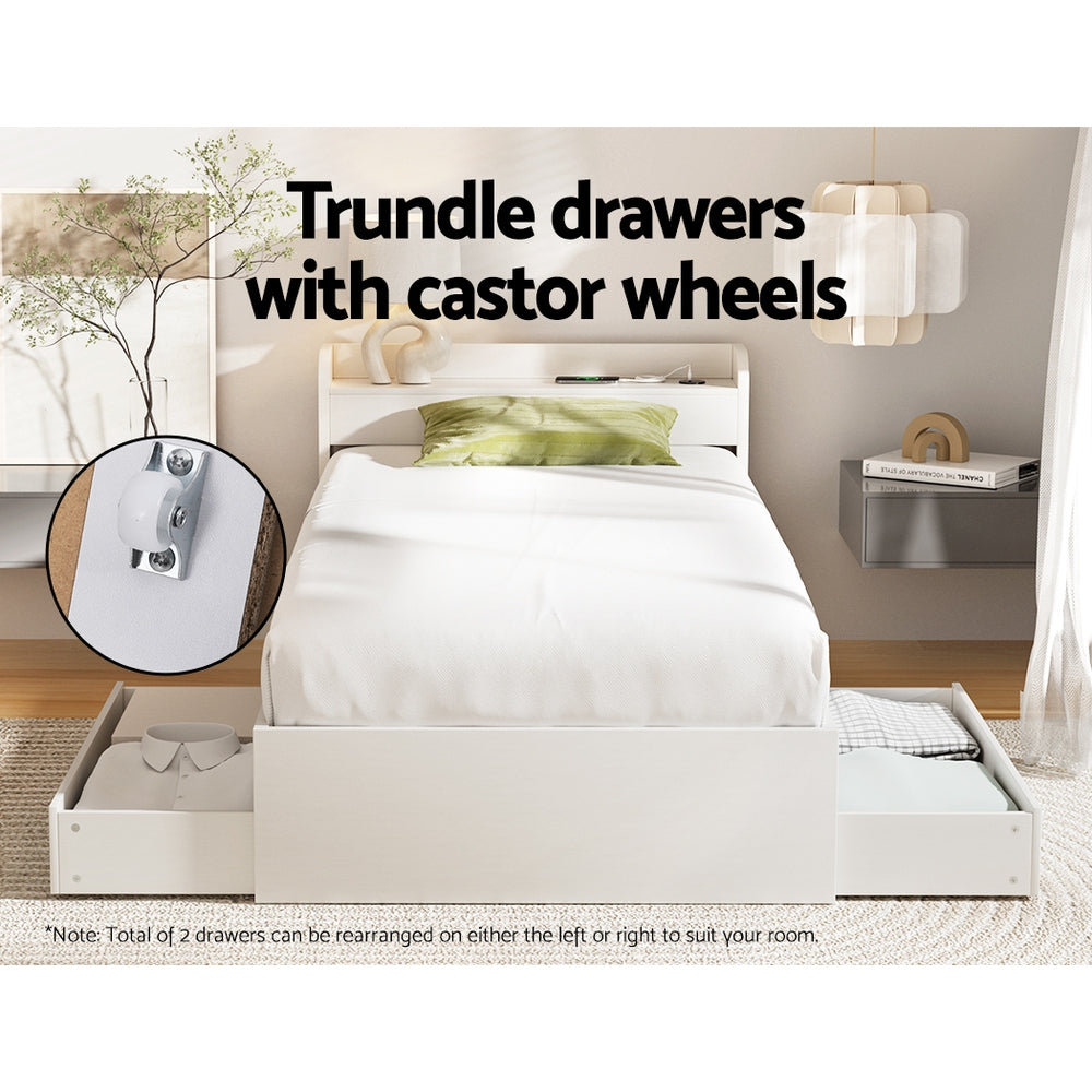 Artiss Bed Frame Single Size Mattress Base wtih Charging Ports 2 Storage Drawers Artiss