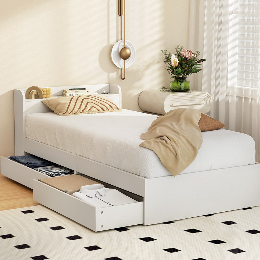 Artiss Bed Frame Single Size Mattress Base wtih Charging Ports 2 Storage Drawers Artiss