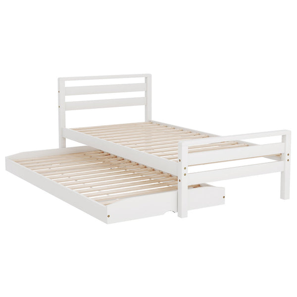 Artiss Bed Frame Single Size 2-in-1 Trundle Wooden White AVIS Artiss