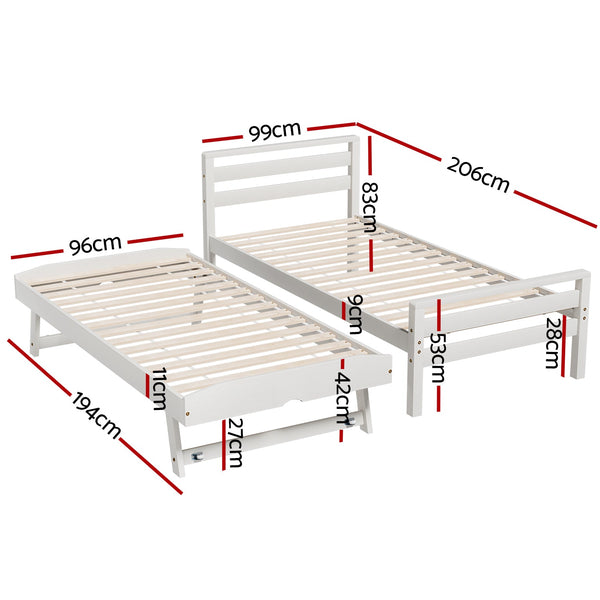 Artiss Bed Frame Single Size 2-in-1 Trundle Wooden White AVIS Artiss