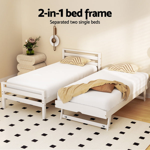 Artiss Bed Frame Single Size 2-in-1 Trundle Wooden White AVIS Artiss
