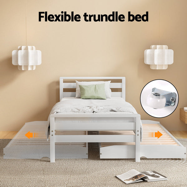 Artiss Bed Frame Single Size 2-in-1 Trundle Wooden White AVIS Artiss