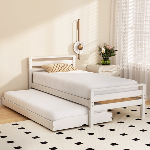 Artiss Bed Frame Single Size 2-in-1 Trundle Wooden White AVIS Artiss