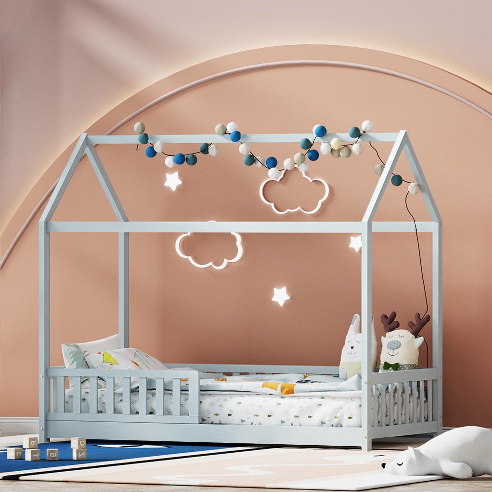 Artiss Wooden Bed Frame House Shape Pine Timber Base Single Size Platform Grey Artiss