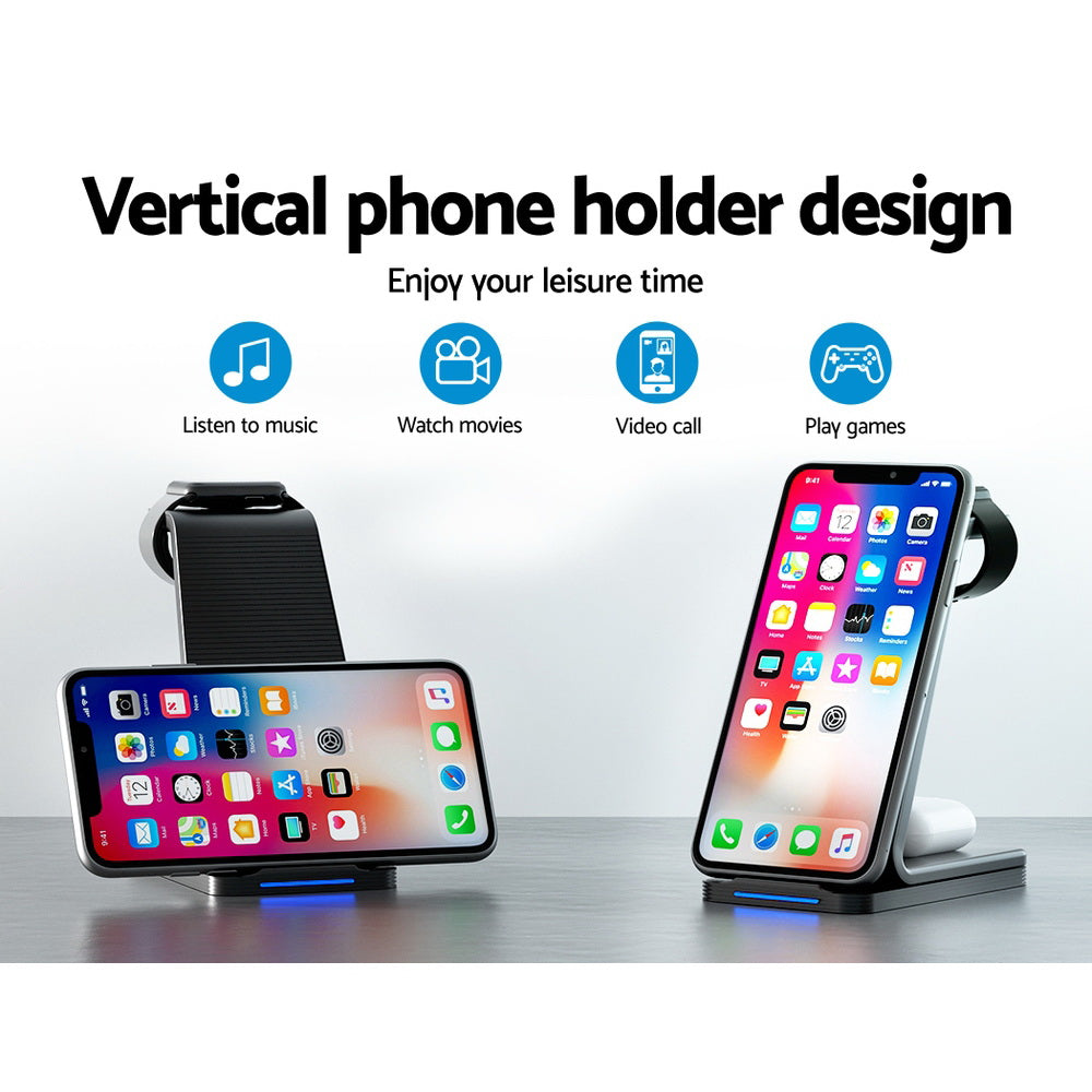 Devanti 3 in 1 Wireless Charger Dock 15W Fast Charging Stand Devanti