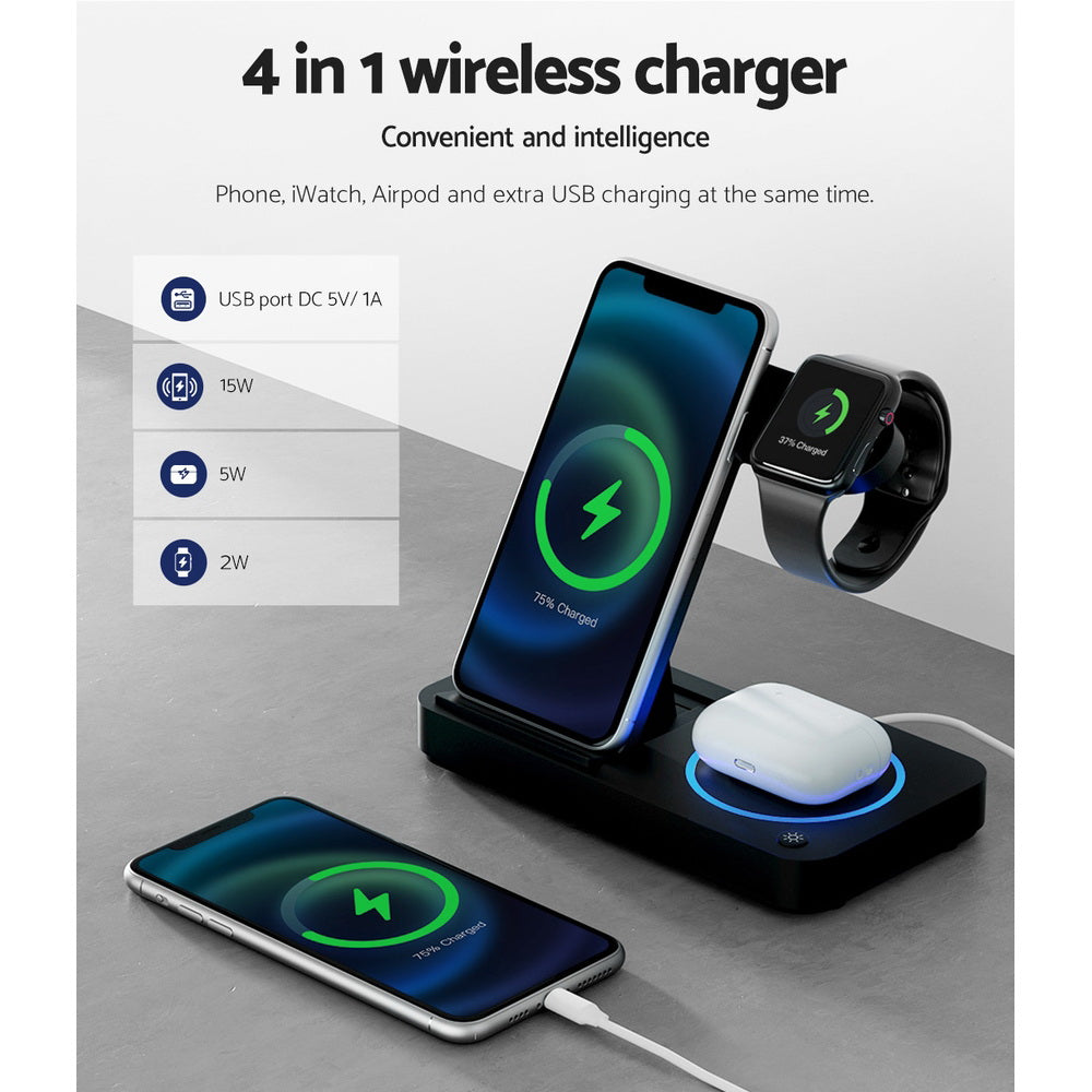 Devanti 4-in-1 Wireless Charger Station Fast Charging for Phone Black Devanti