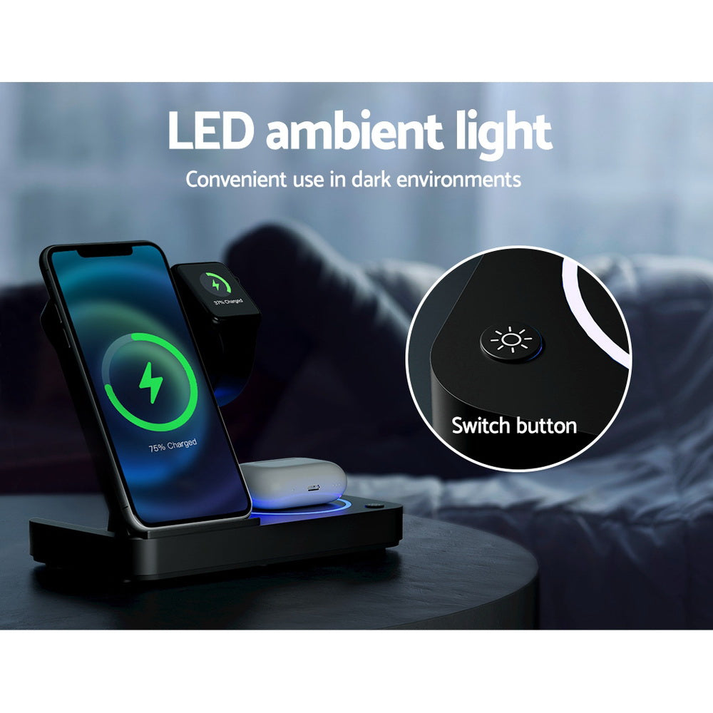 Devanti 4-in-1 Wireless Charger Station Fast Charging for Phone Black Devanti