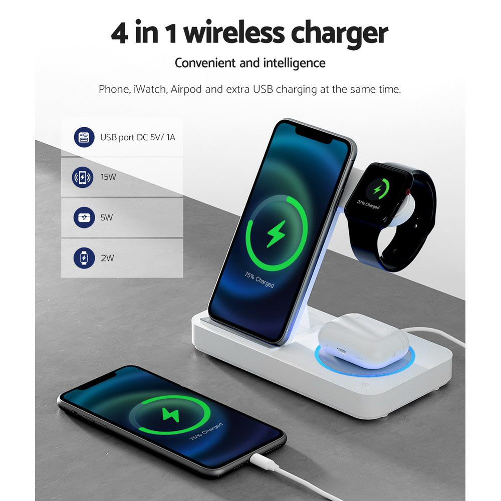 Devanti 4-in-1 Wireless Charger Dock Fast Charging for Phone White Devanti