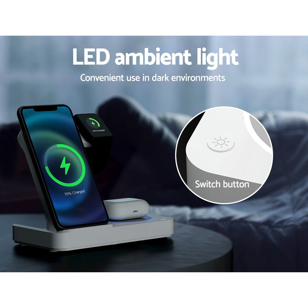 Devanti 4-in-1 Wireless Charger Dock Fast Charging for Phone White Devanti