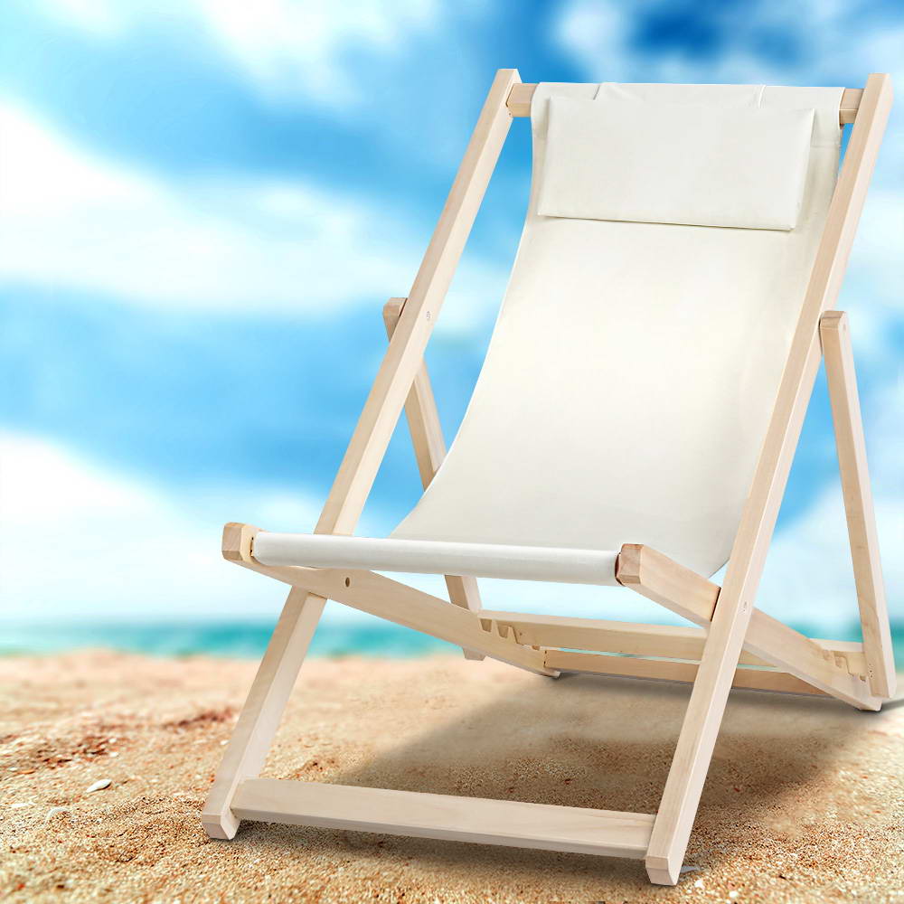 Gardeon Outdoor Chairs Sun Lounge Deck Beach Chair Folding Wooden Patio Furniture Beige freeshipping - Awezingly