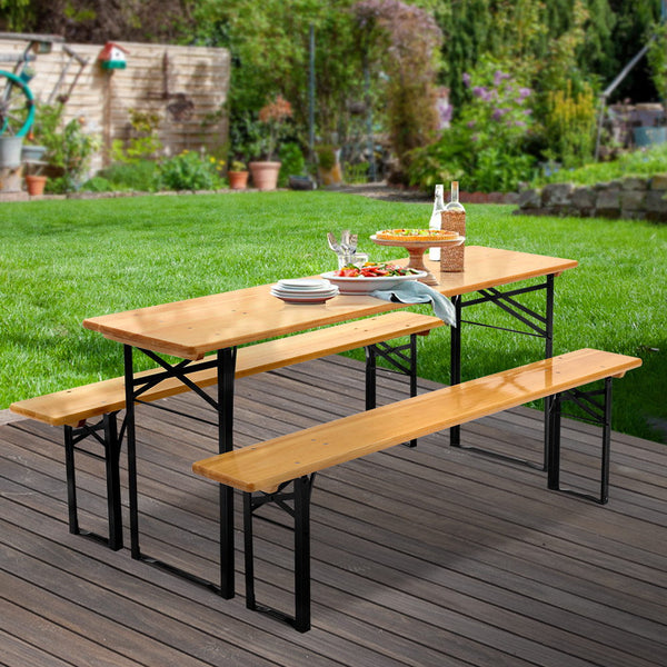 Gardeon Wooden Outdoor Foldable Bench Set - Natural Gardeon