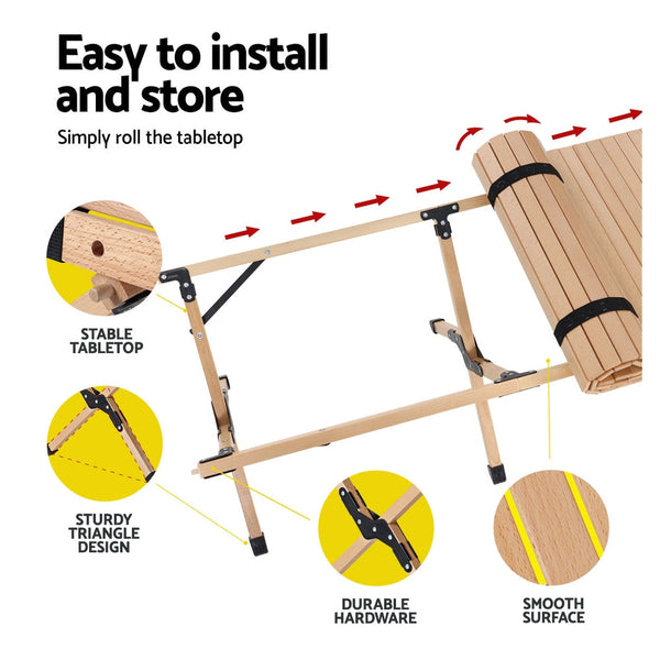 Gardeon Outdoor Furniture Wooden Egg Roll Picnic Table Camping Desk 120CM Gardeon