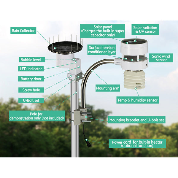 Devanti Weather Station Ultrasonic Anemometer Outdoor WiFi Rain Gauge Solar Devanti
