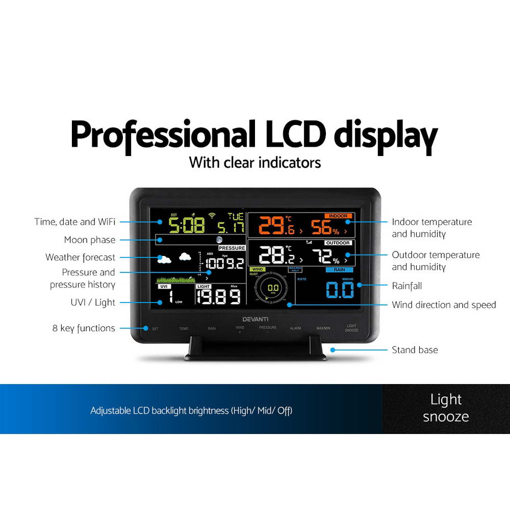 Devanti Wireless WiFi Professional Weather Station Solar Sensor LCD UV Light Devanti