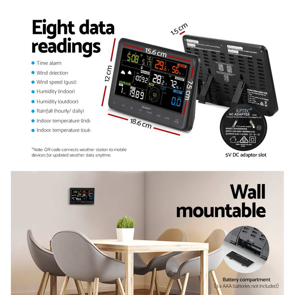 Devanti Wireless WiFi Professional Weather Station Solar Sensor LCD UV Light Devanti